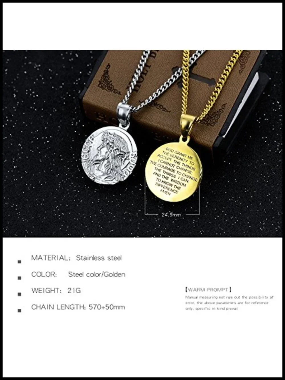 Stainless Steel Jesus Christ Serenity Prayer Necklace Christian Medal Amulet